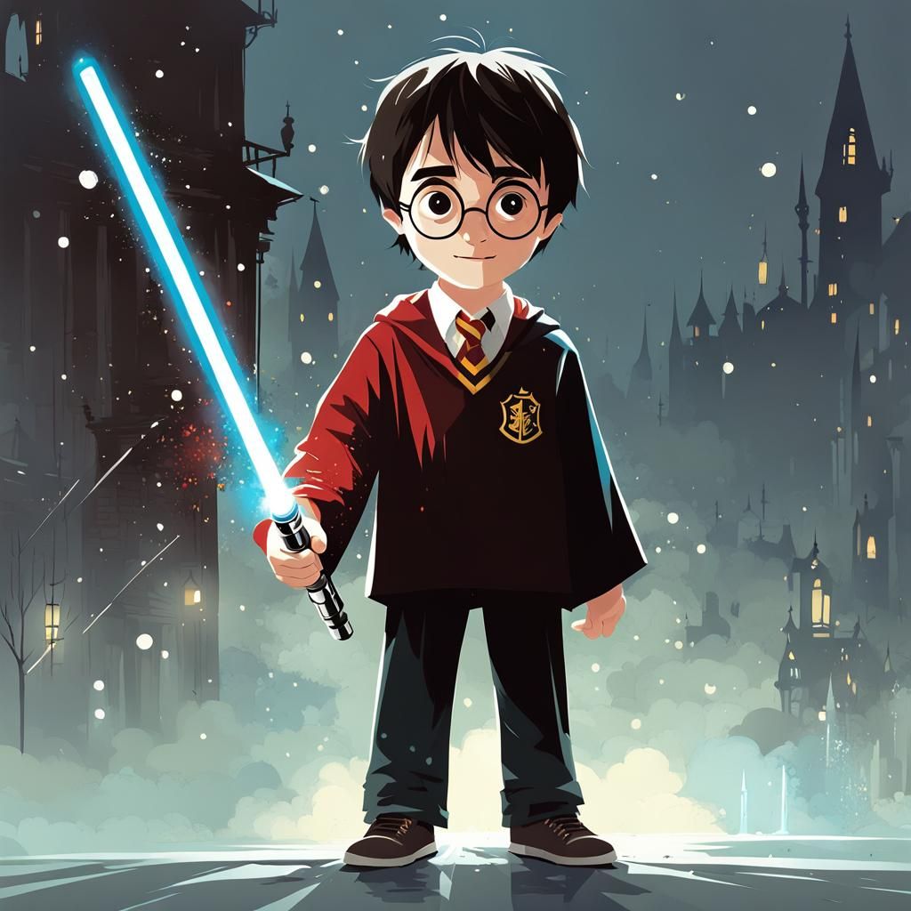 Harry Potter with Lightsaber in Animated Style