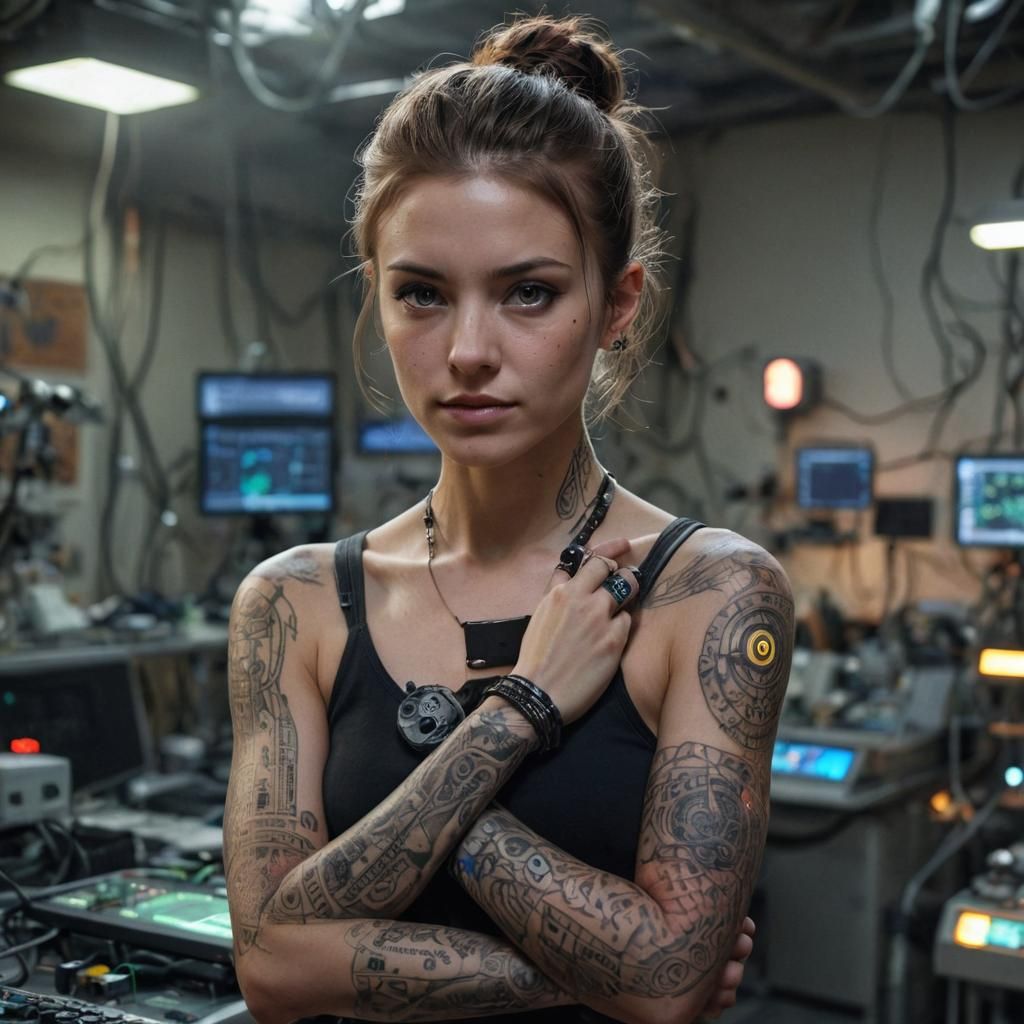 biopunk portrait, 'The Synth-Eye Scholar', young scientist with glowing cybernetic eyes, biometric tattoos along her arm...