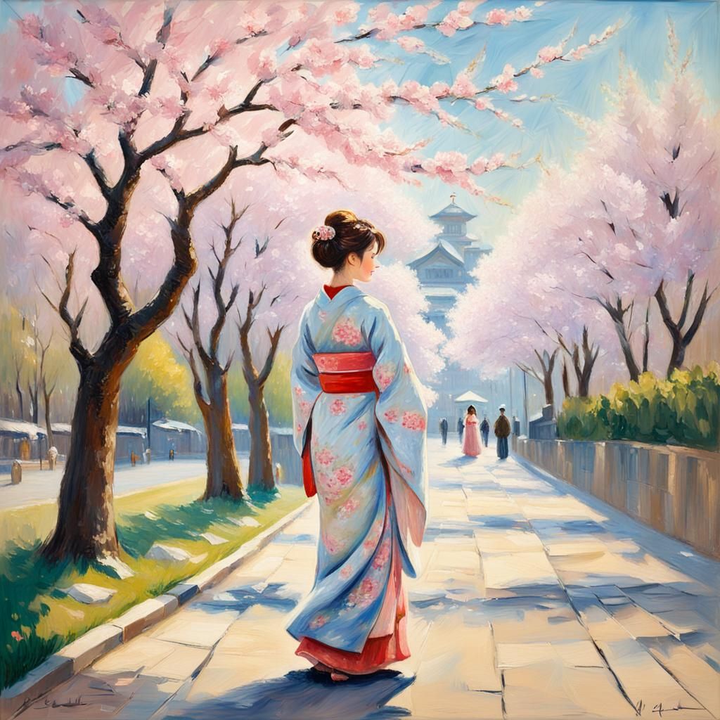 Woman in Kimono Under Cherry Blossoms: Impressionist Oil Pai...