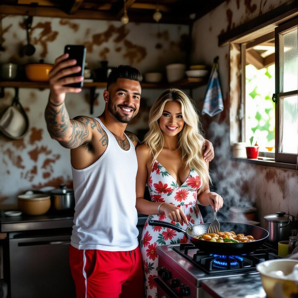 Couple Takes Selfie in Rustic Kitchen During Golden Hour
