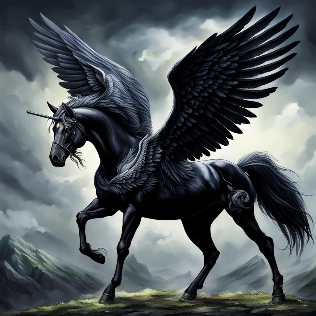 Majestic Black Pegasus Soaring in the Dark