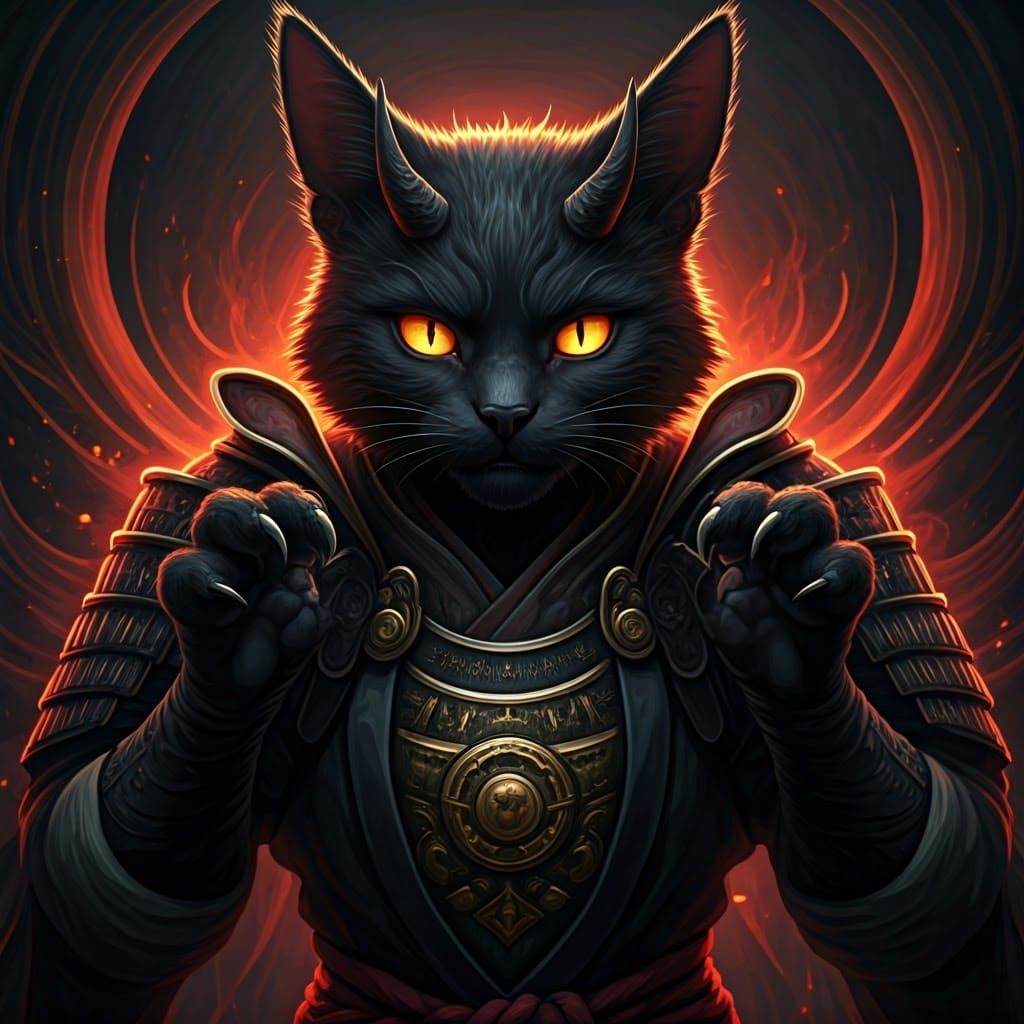 Demonic Samurai Cat in Anime Style