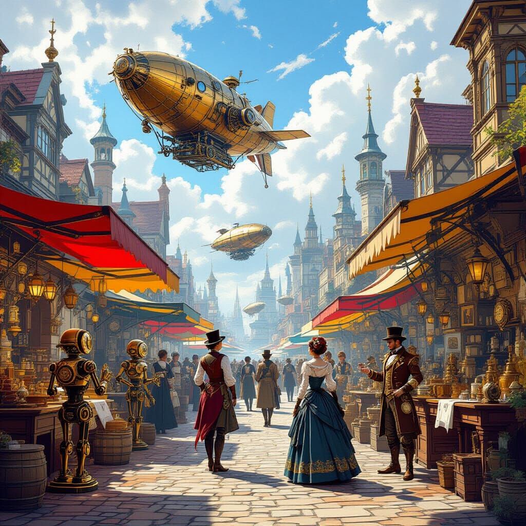 Steampunk Marketplace with Automatons and Airships