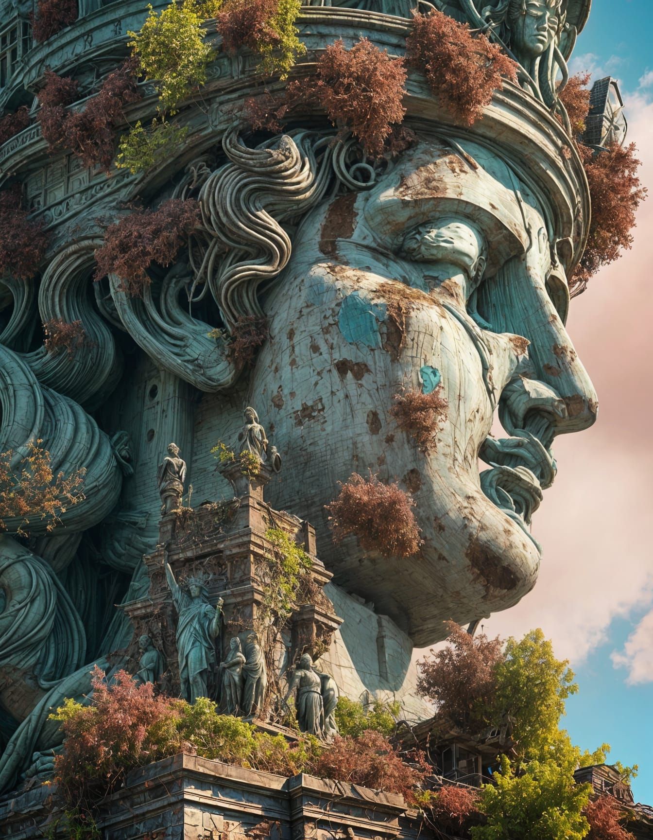 Dystopian Liberty Statue with Abandoned Houses