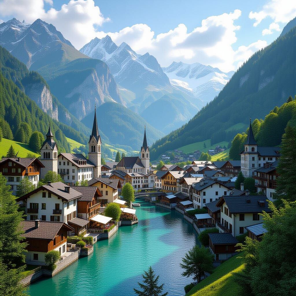 Scenic Swiss Alps Village Digital Matte Painting