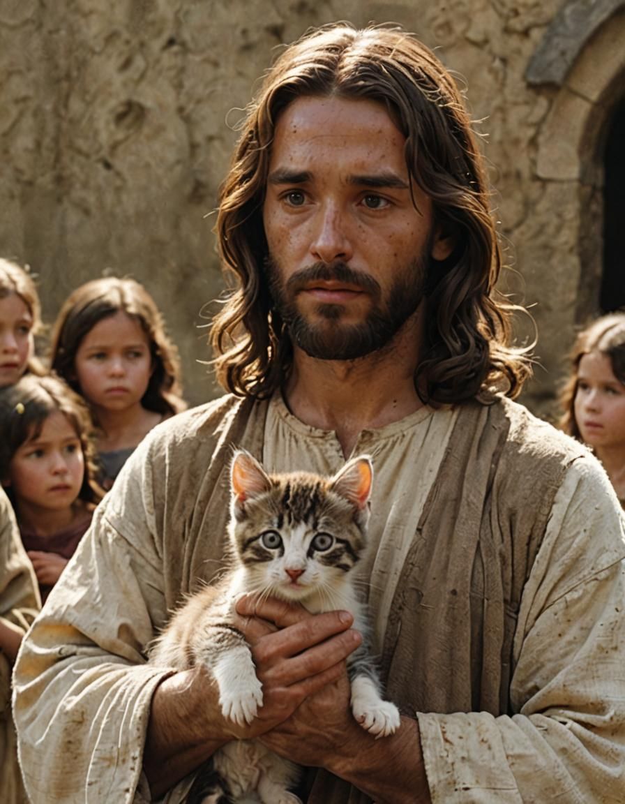 Jesus Holding Kitten: A Movie Still Image