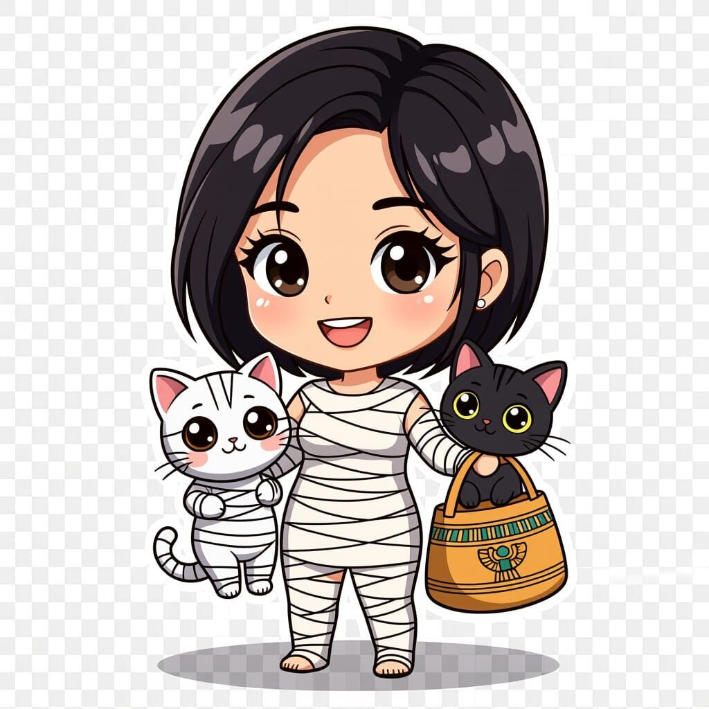 Cute Chibi Mummy with Cat Sticker Art