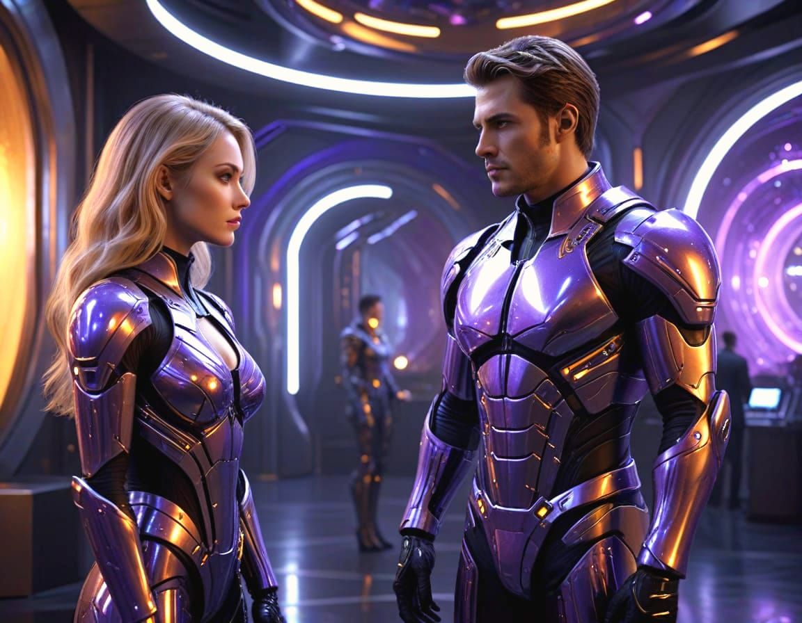 Gorgeous Barbarella and Handsome Man in Futuristic Space