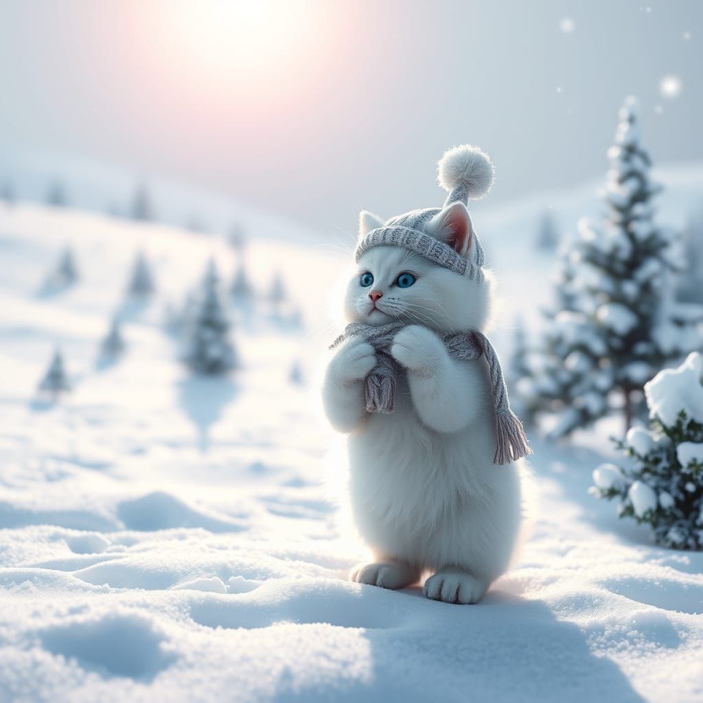 Cute Kitten in Snowy Scene with Knitted Hat