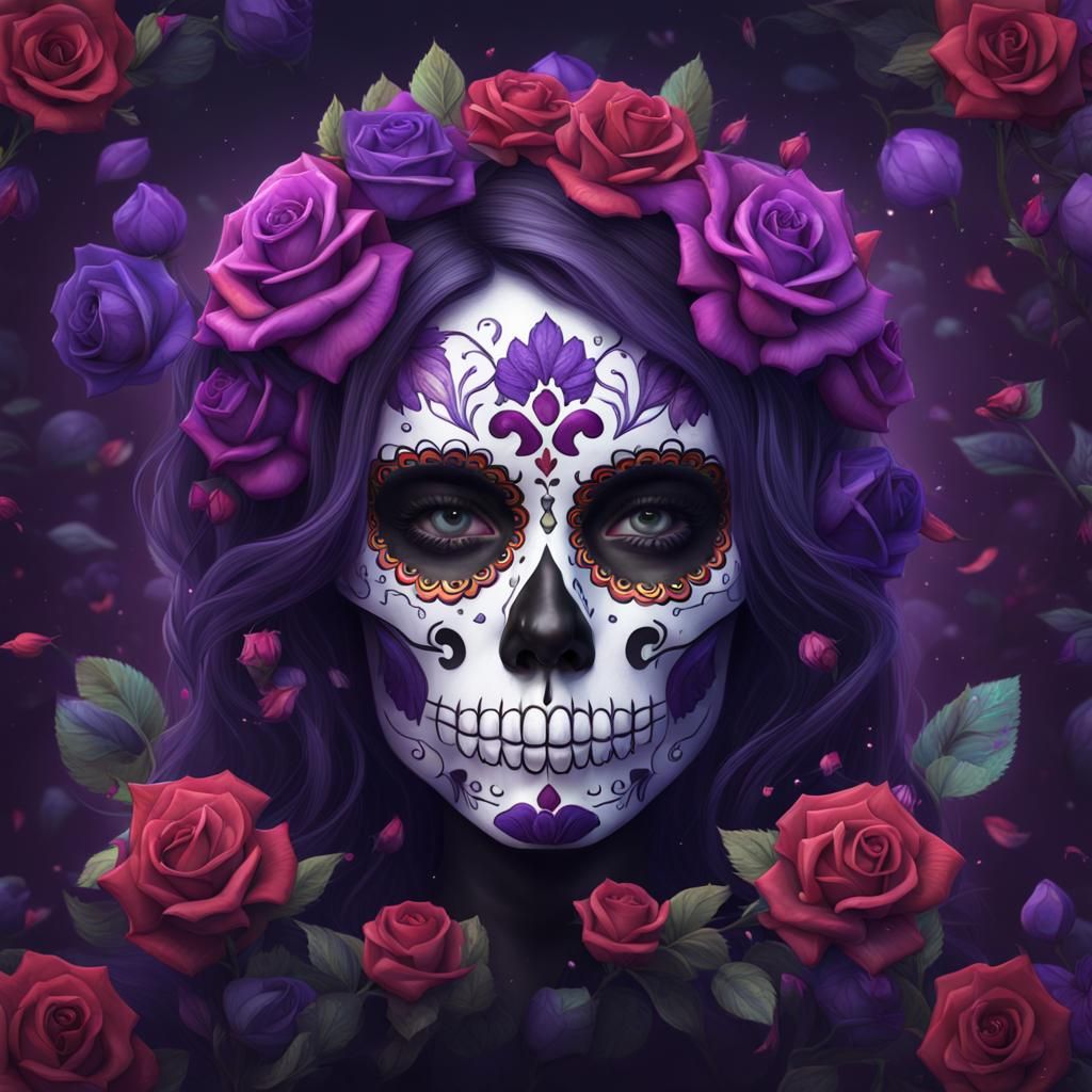 Colorful Sugar Skull with Roses, Detailed Matte Painting