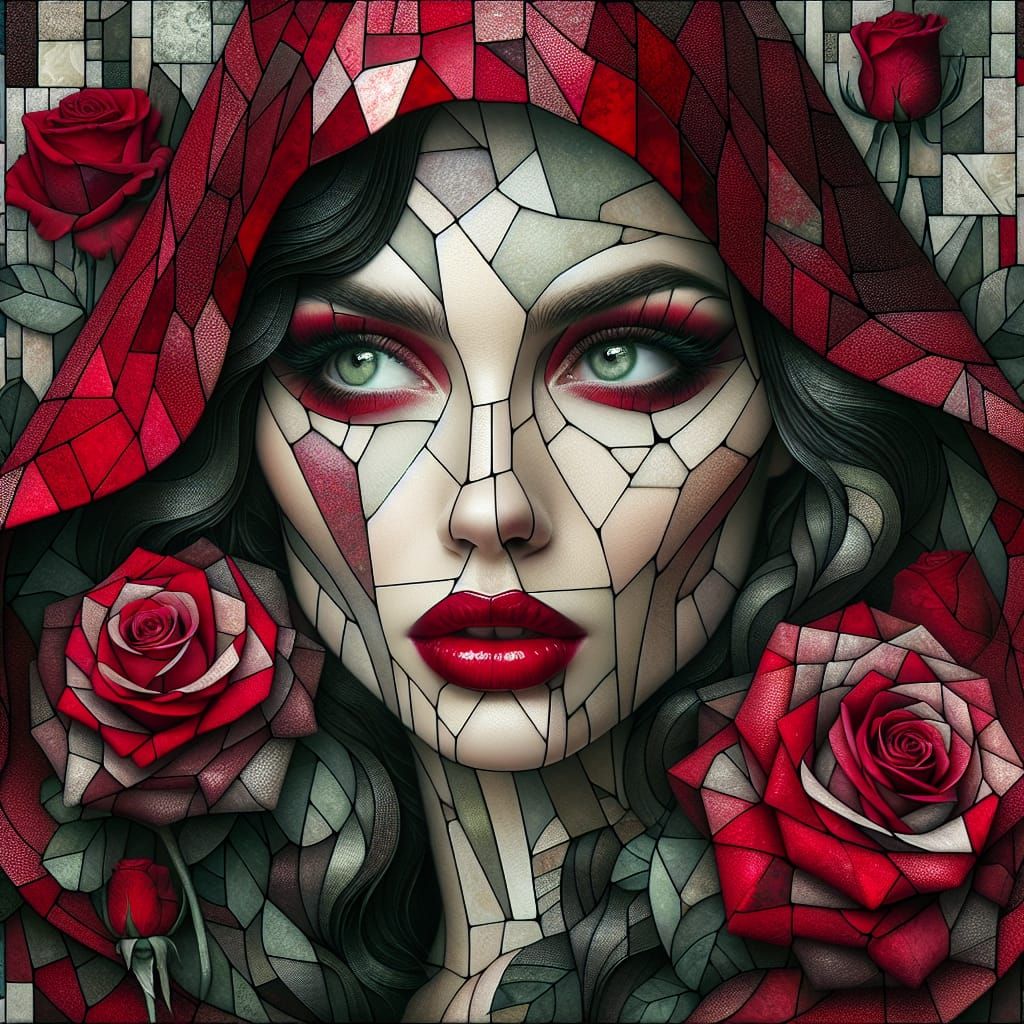Gothic Mosaic Woman in Red Cloak Portrait