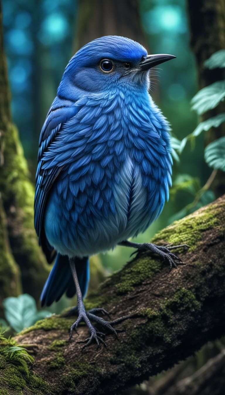 Blue Bird in Enchanted Forest: Hyperrealistic Image