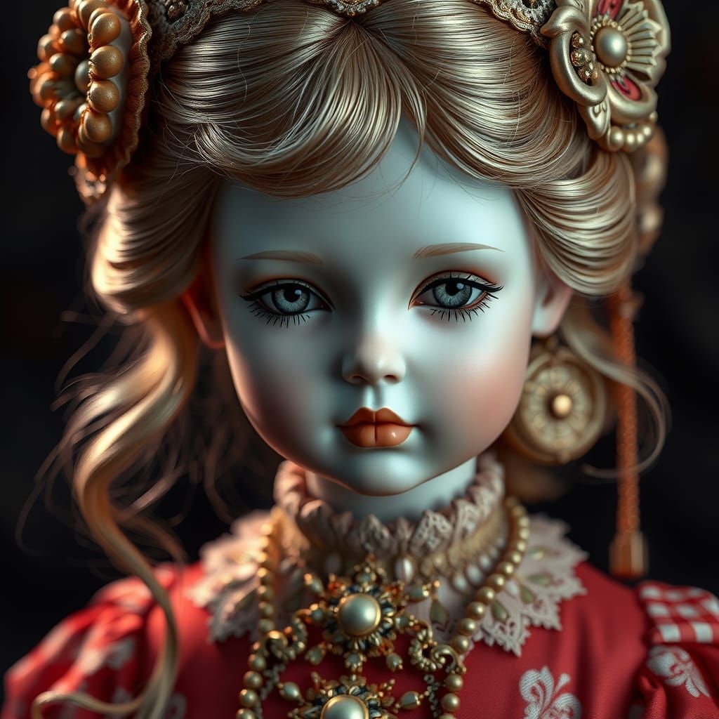Hyper-Realistic Doll Portrait in Art Nouveau Style