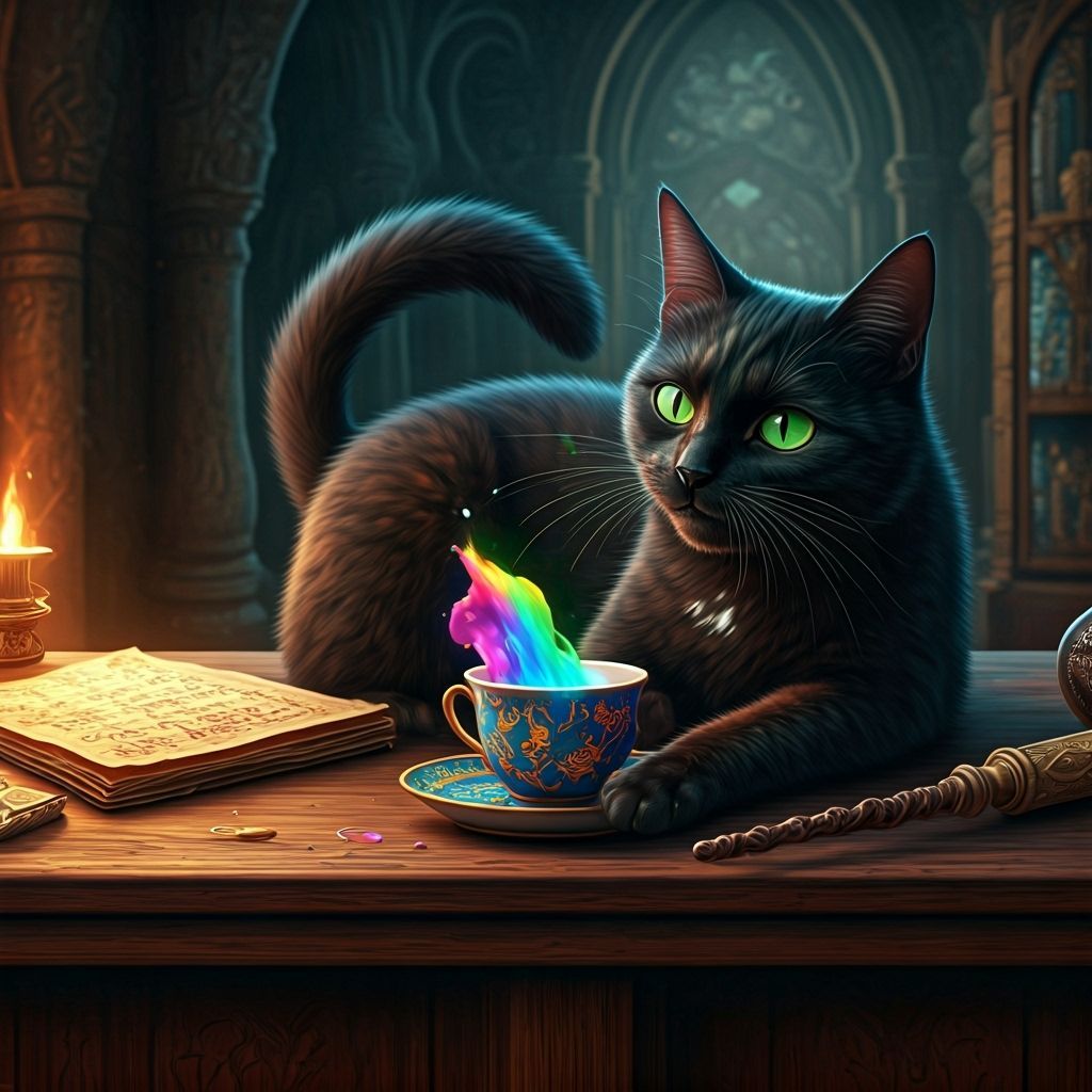 Black Cat Spills Magical Milk onto Wizard's Wand