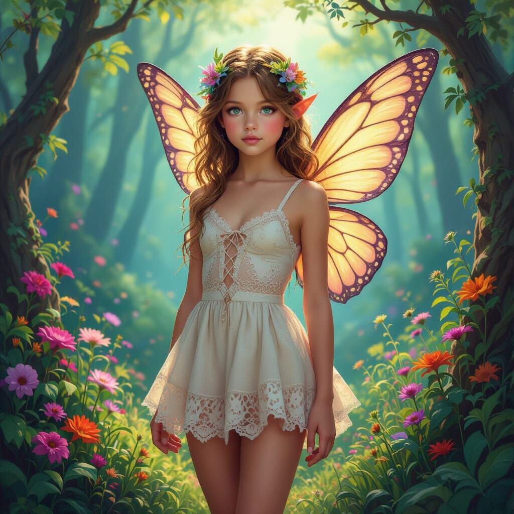 Fairy Girl in Forest, Art Nouveau Style