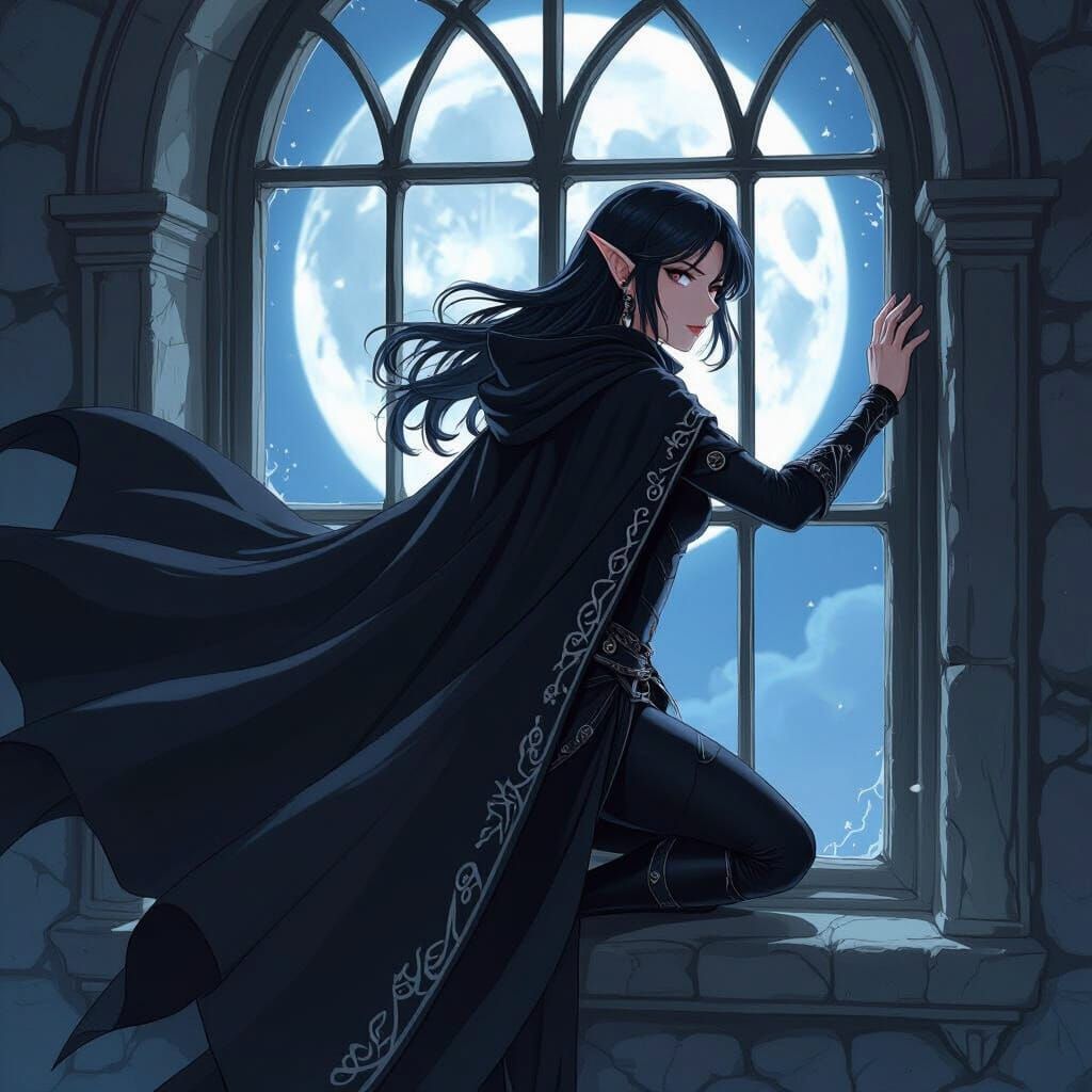 Dark Elf Climbs Through Moonlit Window in Anime Style