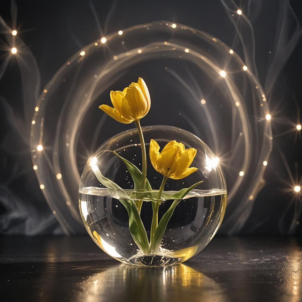 Crystalline Yellow Tulip in Glass Ball