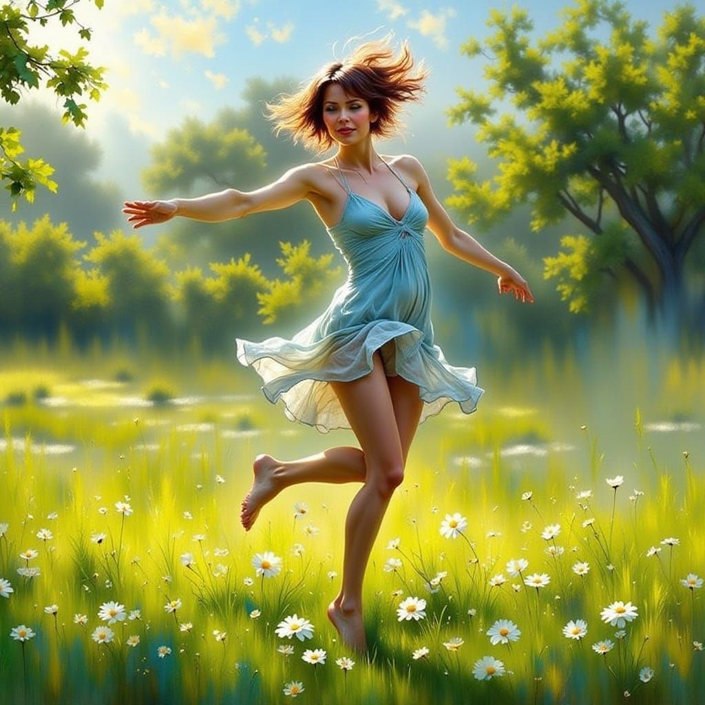 Woman Dancing Barefoot in Green Grass