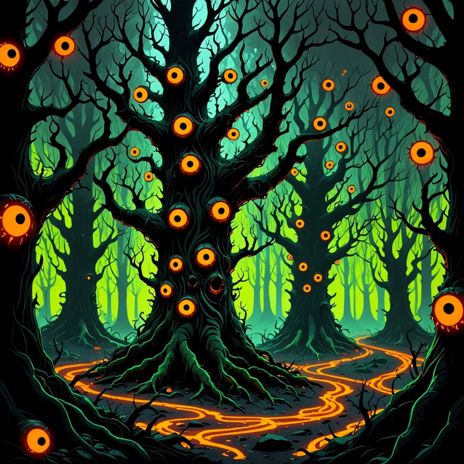Gnarled Trees and Glowing Eyes in Dark Forest