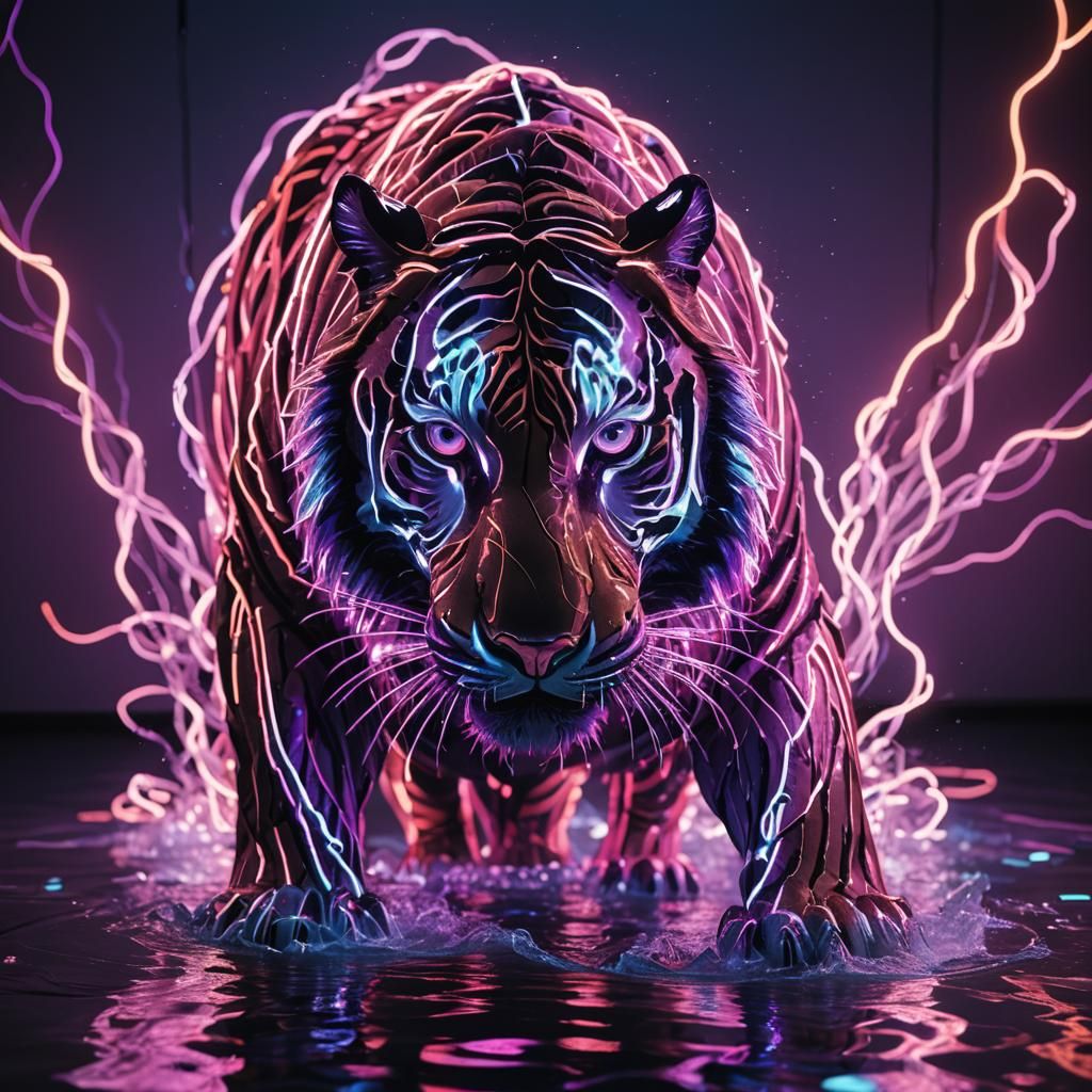Neon Tiger Sculpture Emerging from Darkness