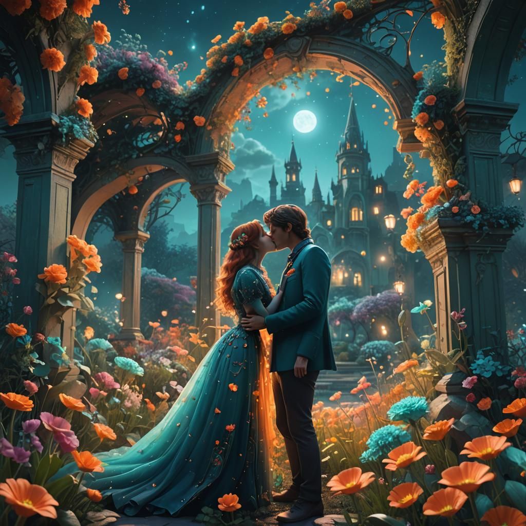Kiss in Moonlit Garden: Fantasy Concept Art