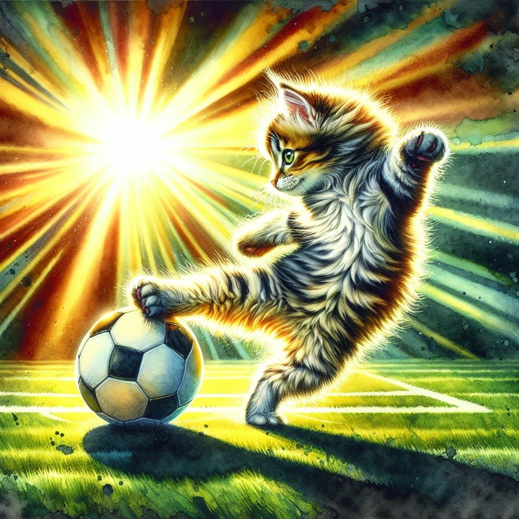 Striped Cat Playing Soccer: Watercolor Painting
