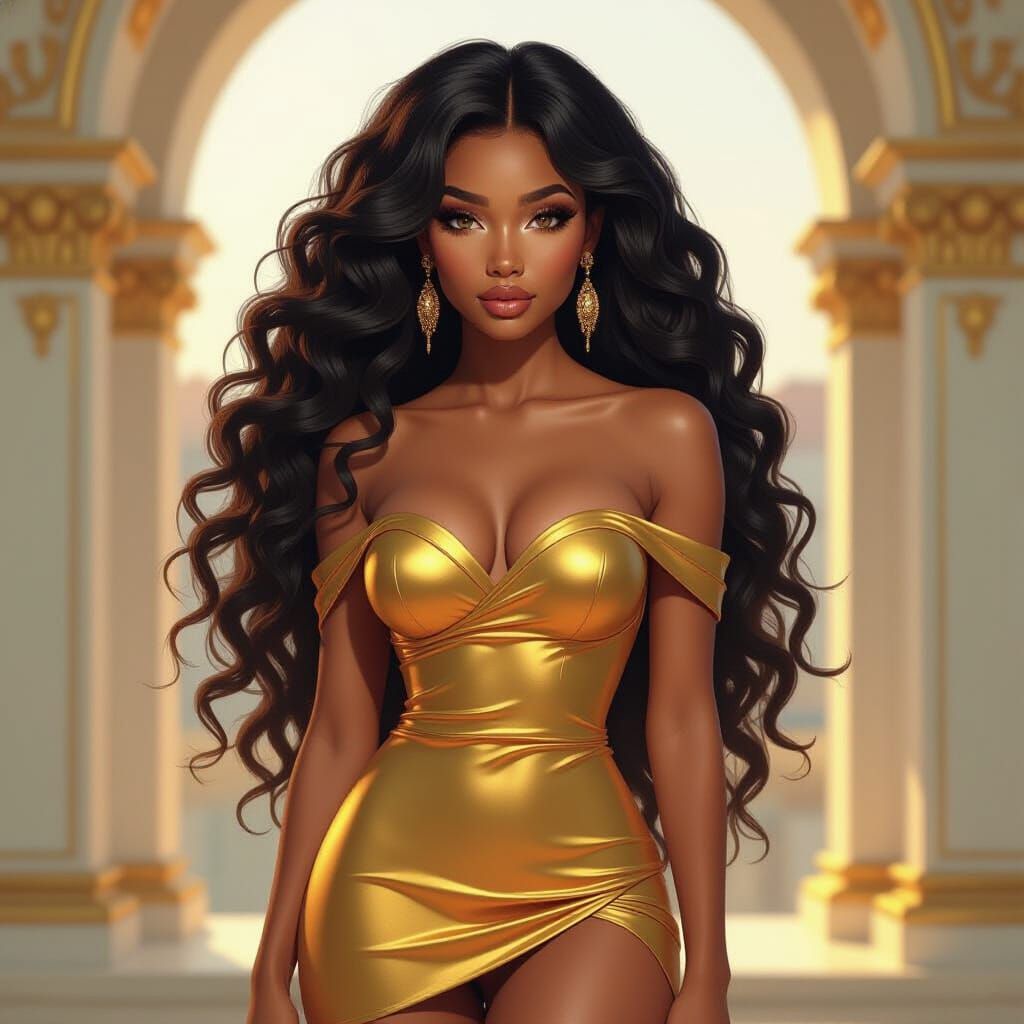 Black Woman in Gold Dress: Detailed Digital Portrait
