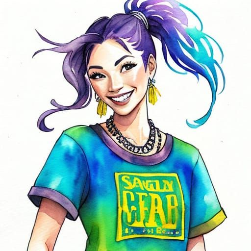 Vibrant Watercolor Sketch of a Cheesy Coachella Girl