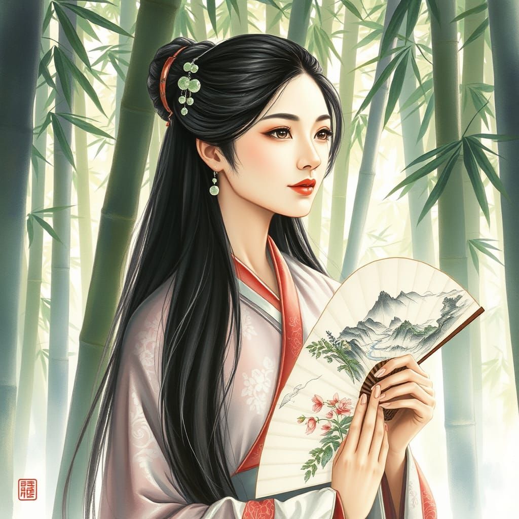 Asian Woman in Bamboo Forest Watercolor Painting