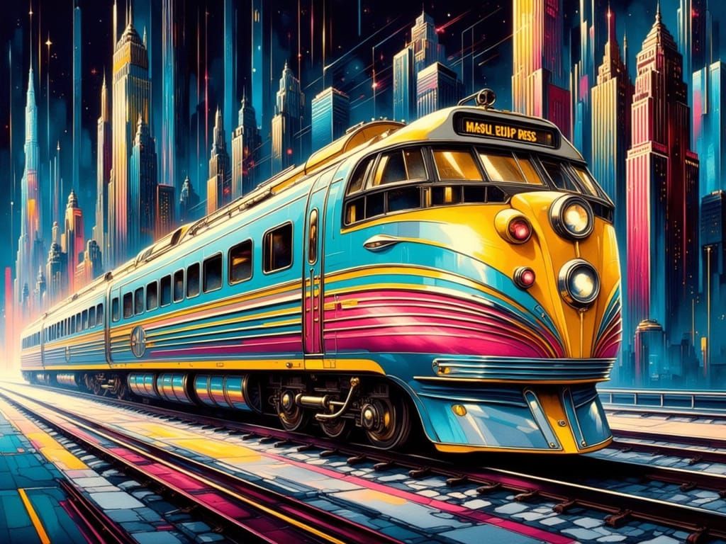 Art Deco Train Speeds Through Futuristic Cityscape