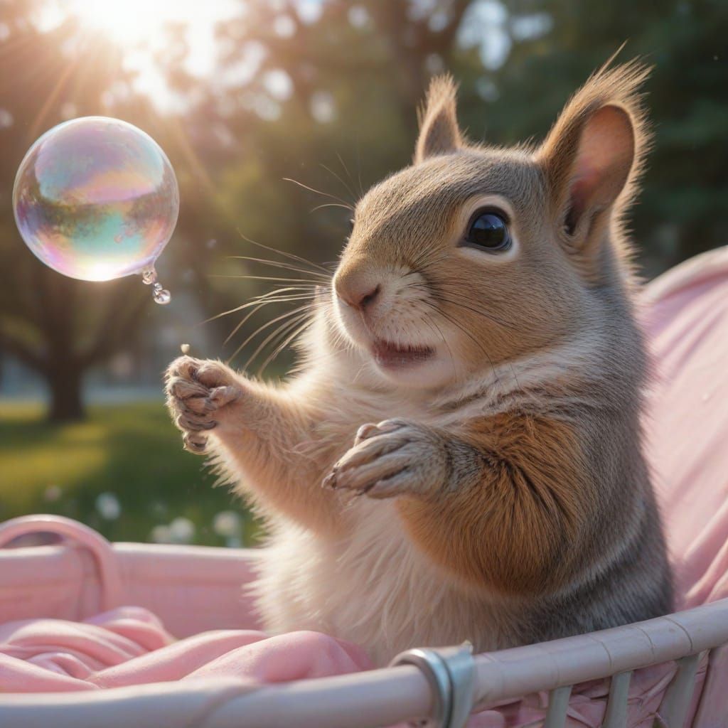 Pastel Sunrise Squirrel in a Pram Blows a Bubble