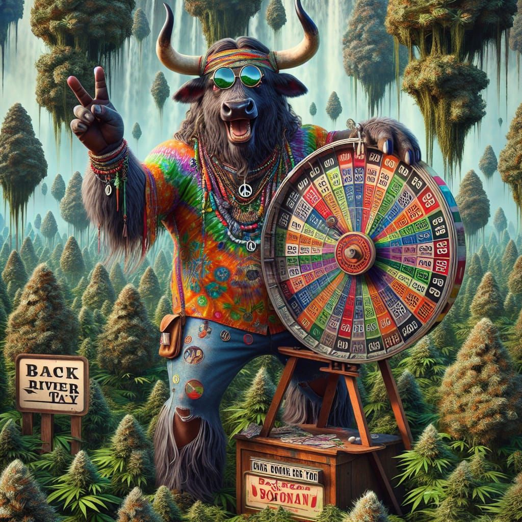 Hippie Bull Spins Lottery Wheel in Cannabis Garden
