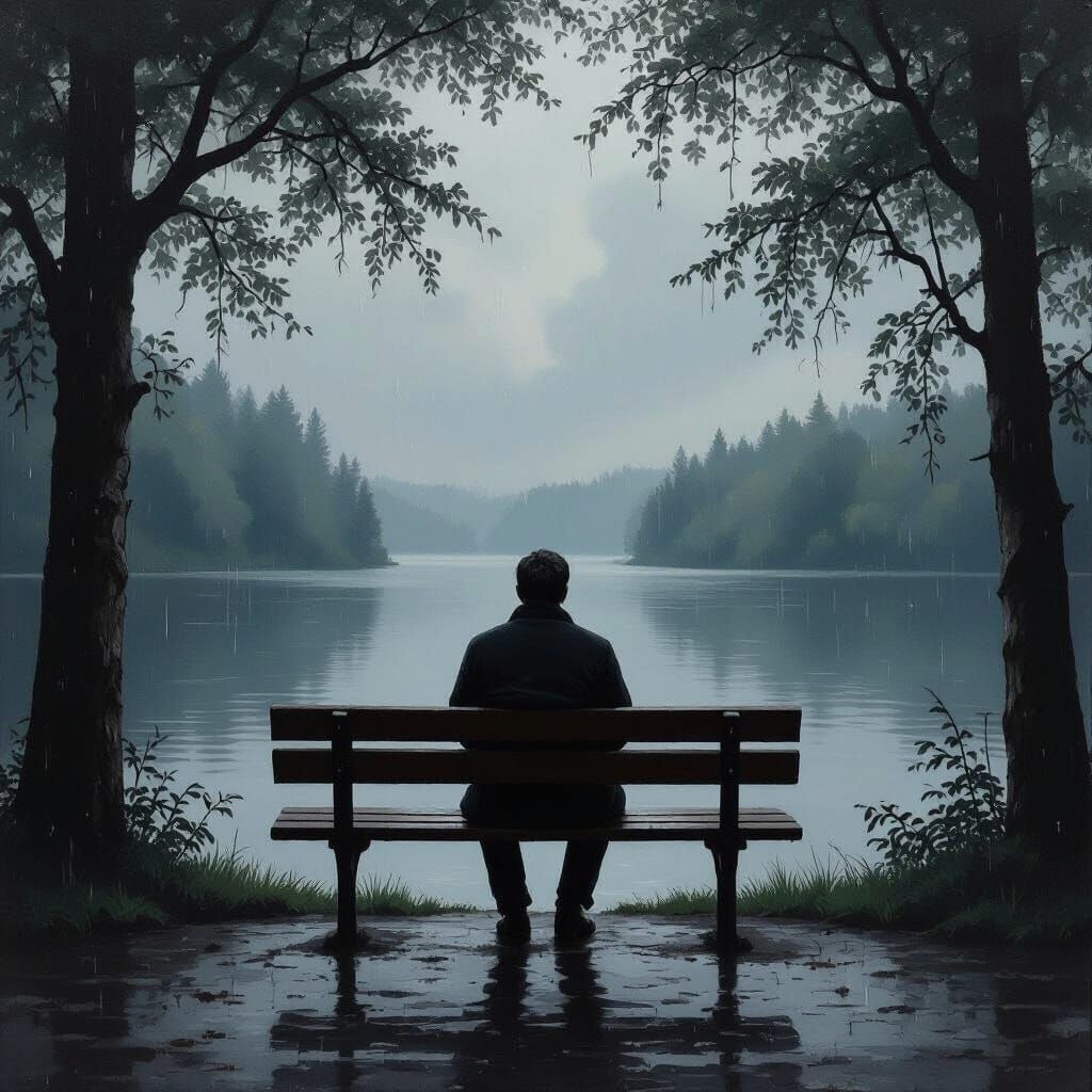 Man Sitting by Lake in Moody Forest Landscape