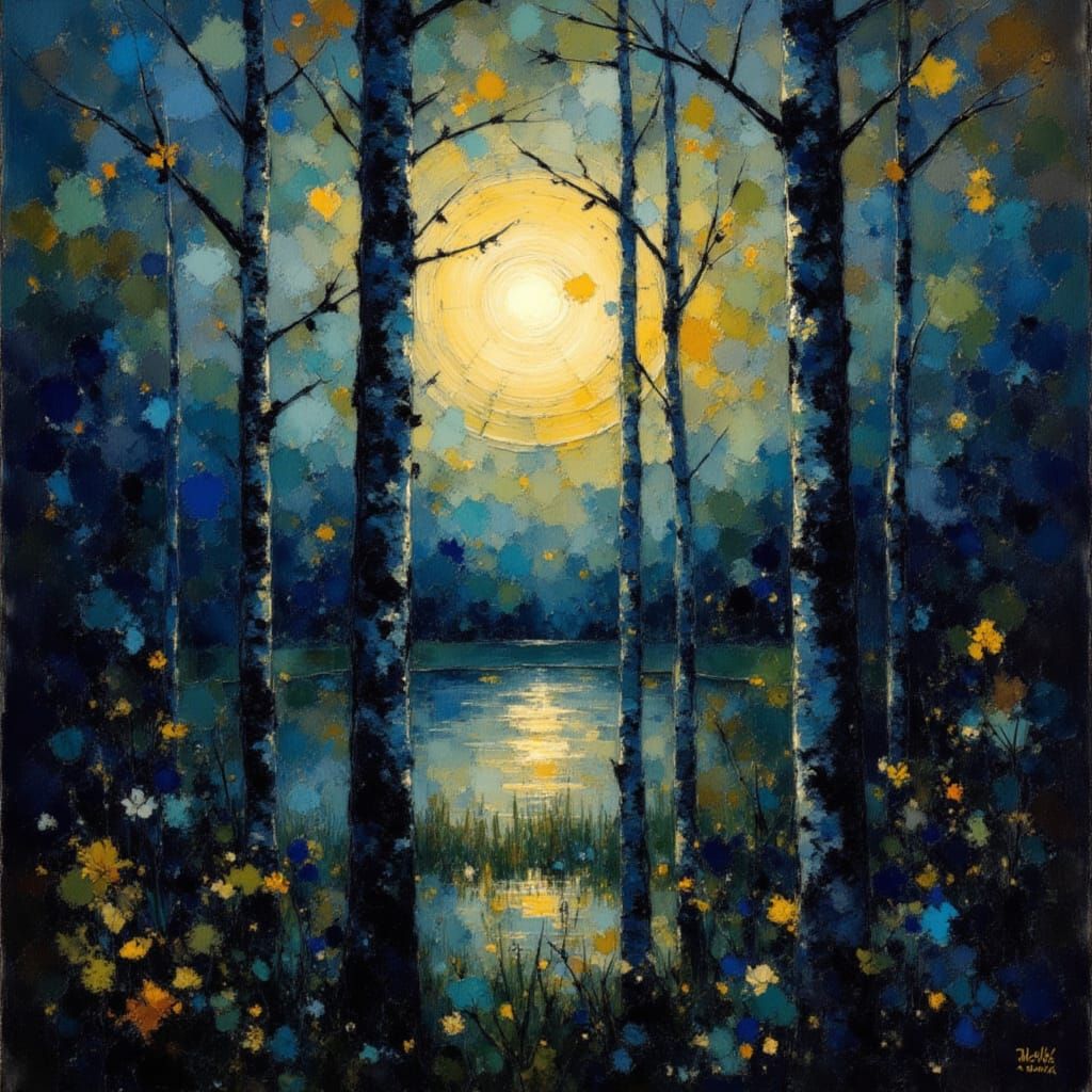 Full Moon Through Birch Trees, Klimt Style