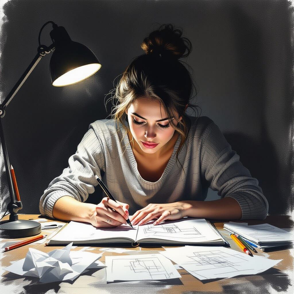 Artist Deeply Focused Drawing at Night Desk