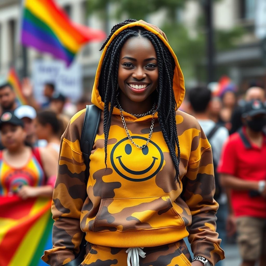 Smiling Women in Camouflage with Futuristic Jewelry