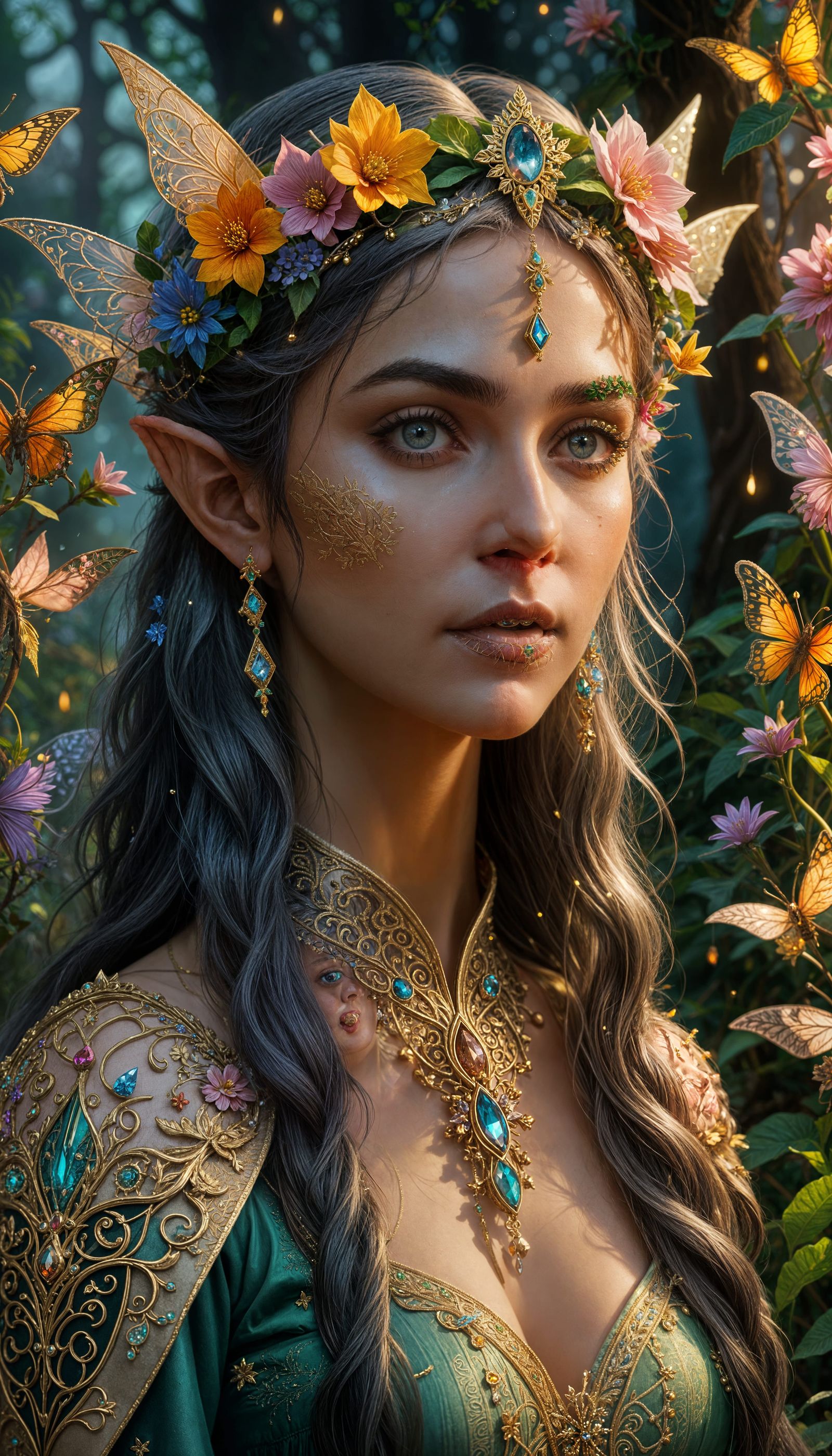 Regal Elf Princess in Traditional Attire Surrounded by Whims...