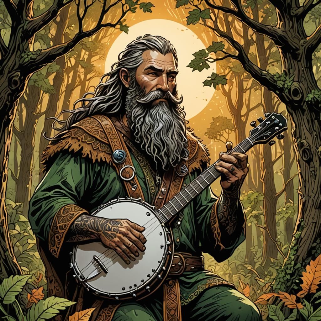Druid Plays Banjo in Comic Book Style