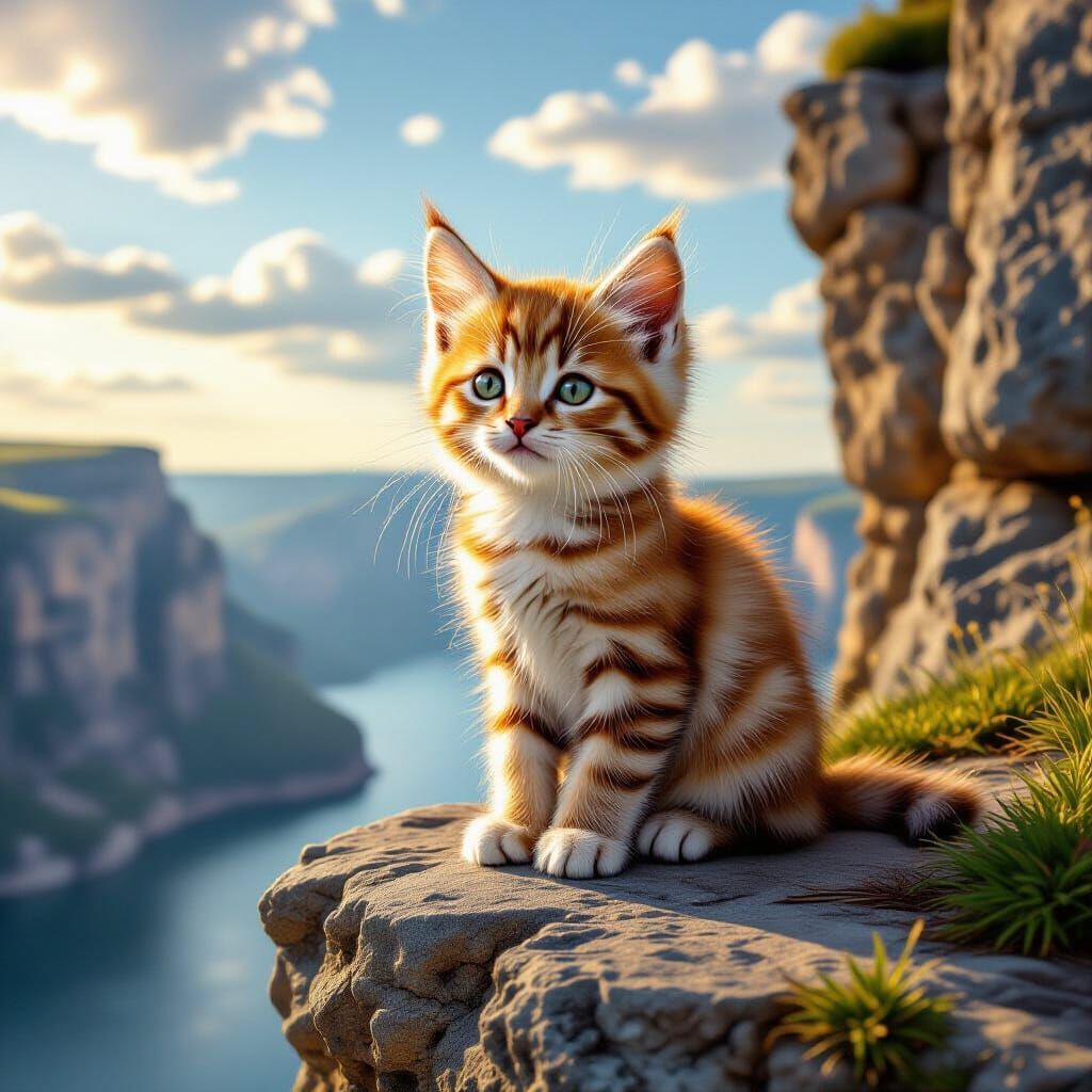 Kitten on a Cliff: Breathtaking Realistic Landscape