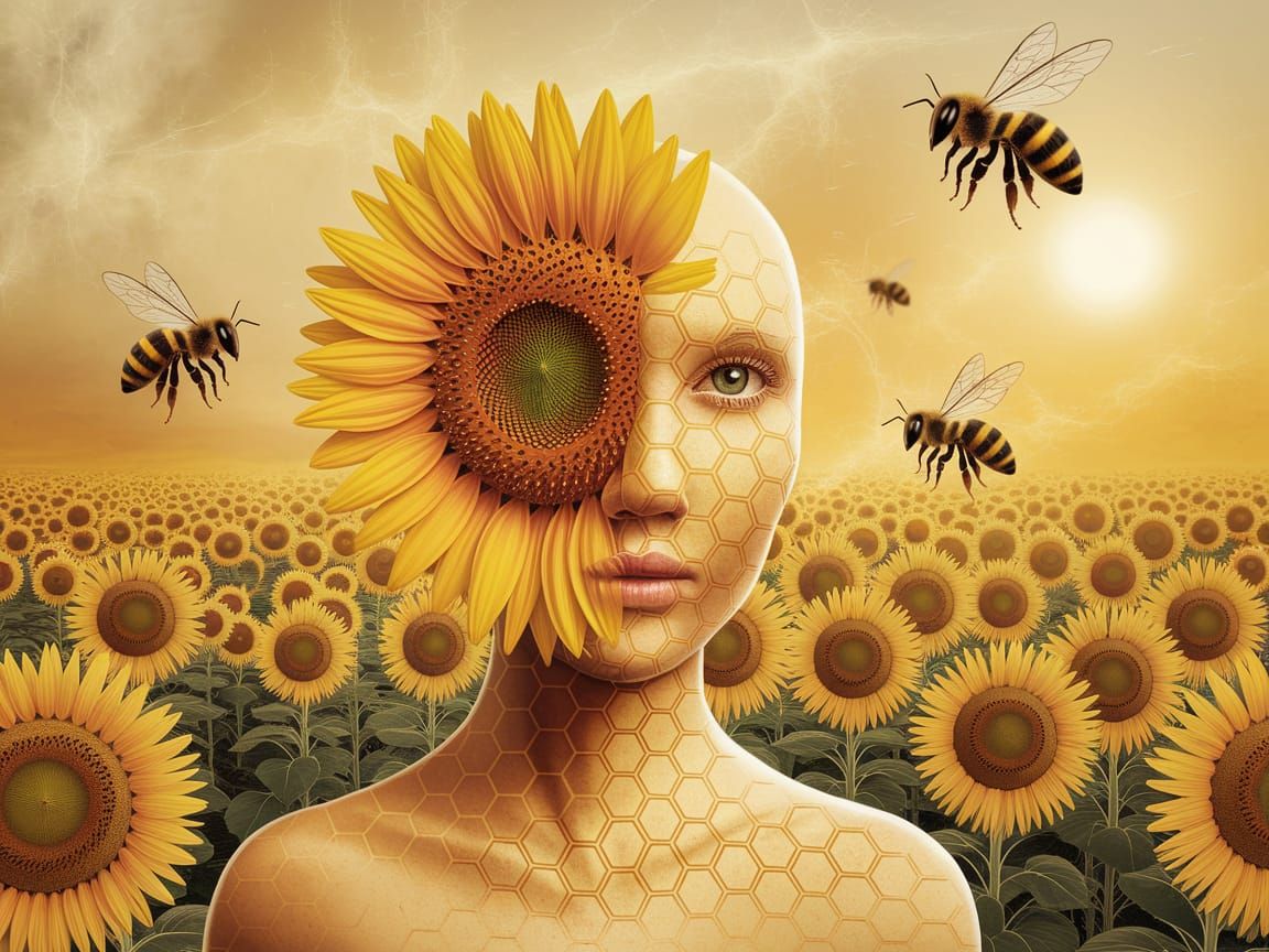 Whimsical Sunflower Human Hybrid in Vibrant Yellow and Orang...