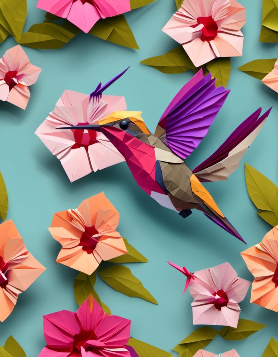 Hummingbird drinking from a hibiscus flower, Origami