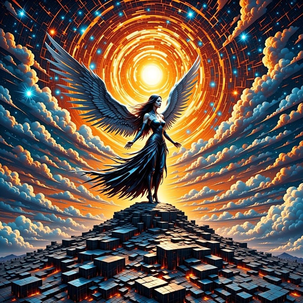 Dark Angel Goddess on a Star with Glitch Effects