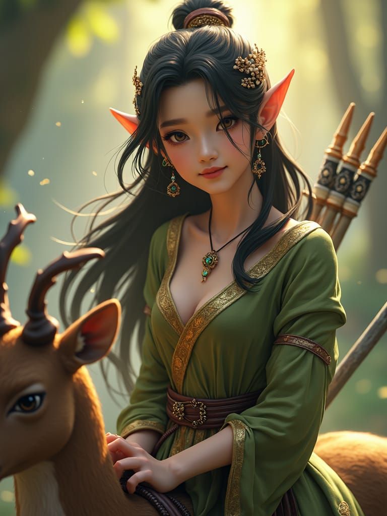 Elf Maiden on Deer: Anime-Inspired 3D Portrait