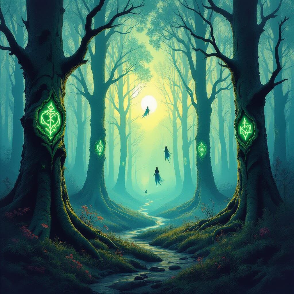 Mystical Forest with Glowing Runes: Surreal Digital Art