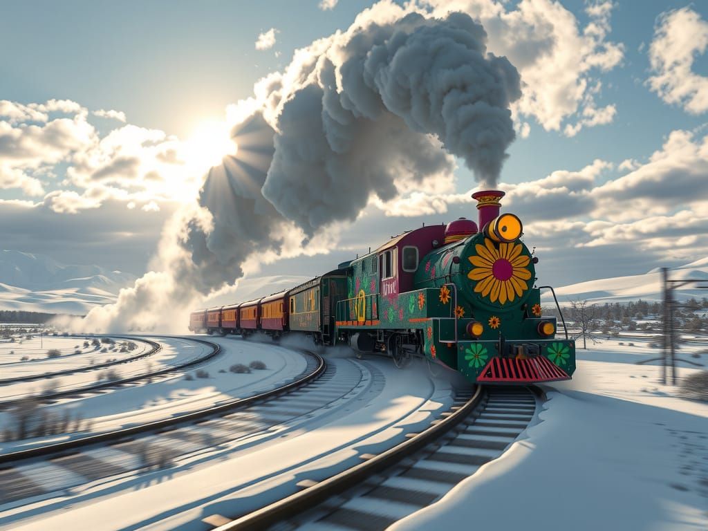 Hippie Locomotive Speeds Through Winter Landscape