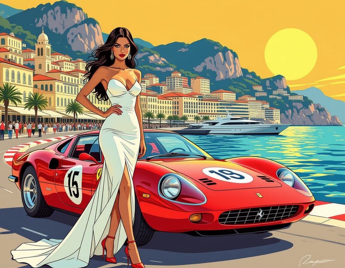 Woman Poses with Ferrari F1 Car in Comic Art Style