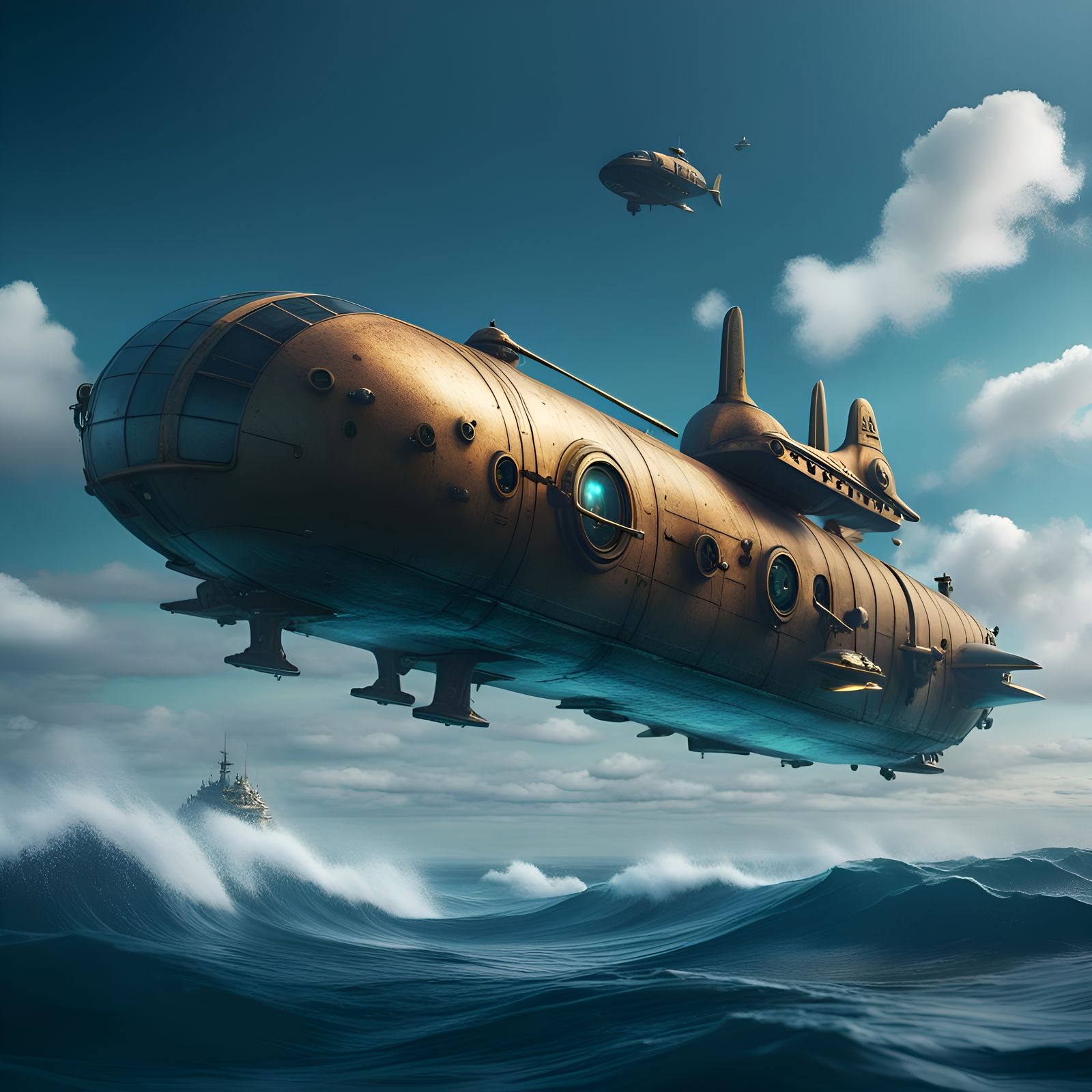 Fantastical Flying Submarine Over the Ocean