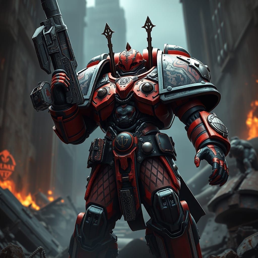 Warhammer 40k Space Marine in Red and Black Power Armor