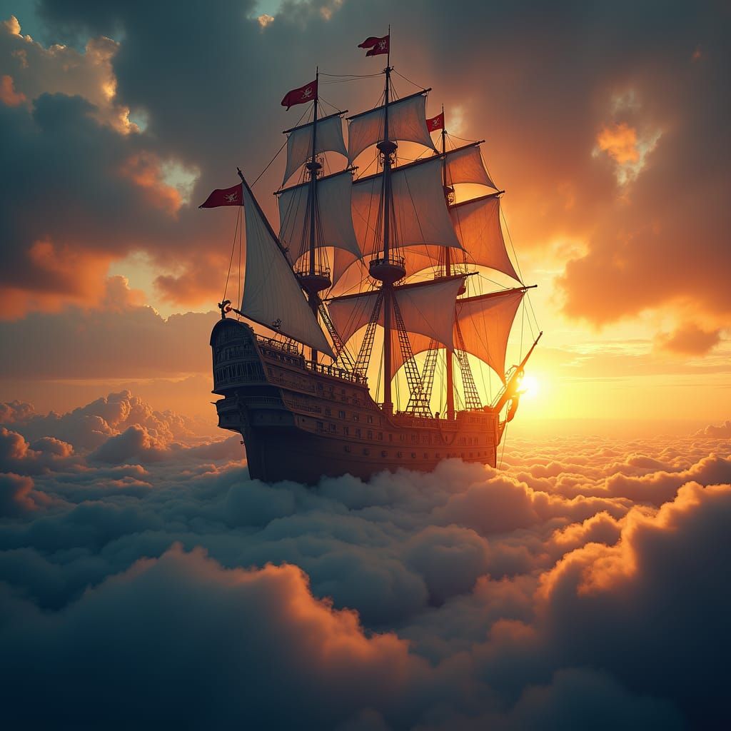 Pirate Ship Sailing on Golden Clouds at Sunset