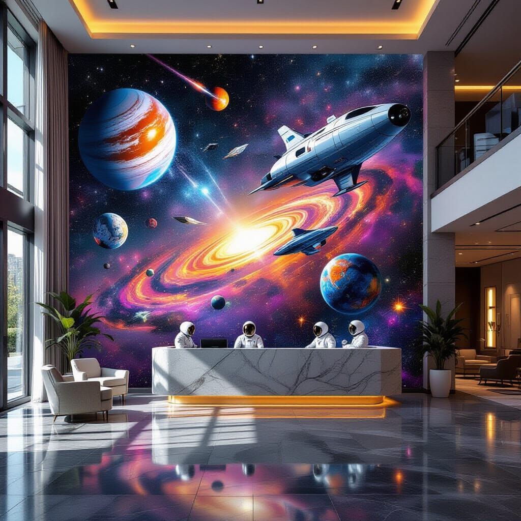 Futuristic Astronaut Hotel Lobby with Trompe L'oeil Art